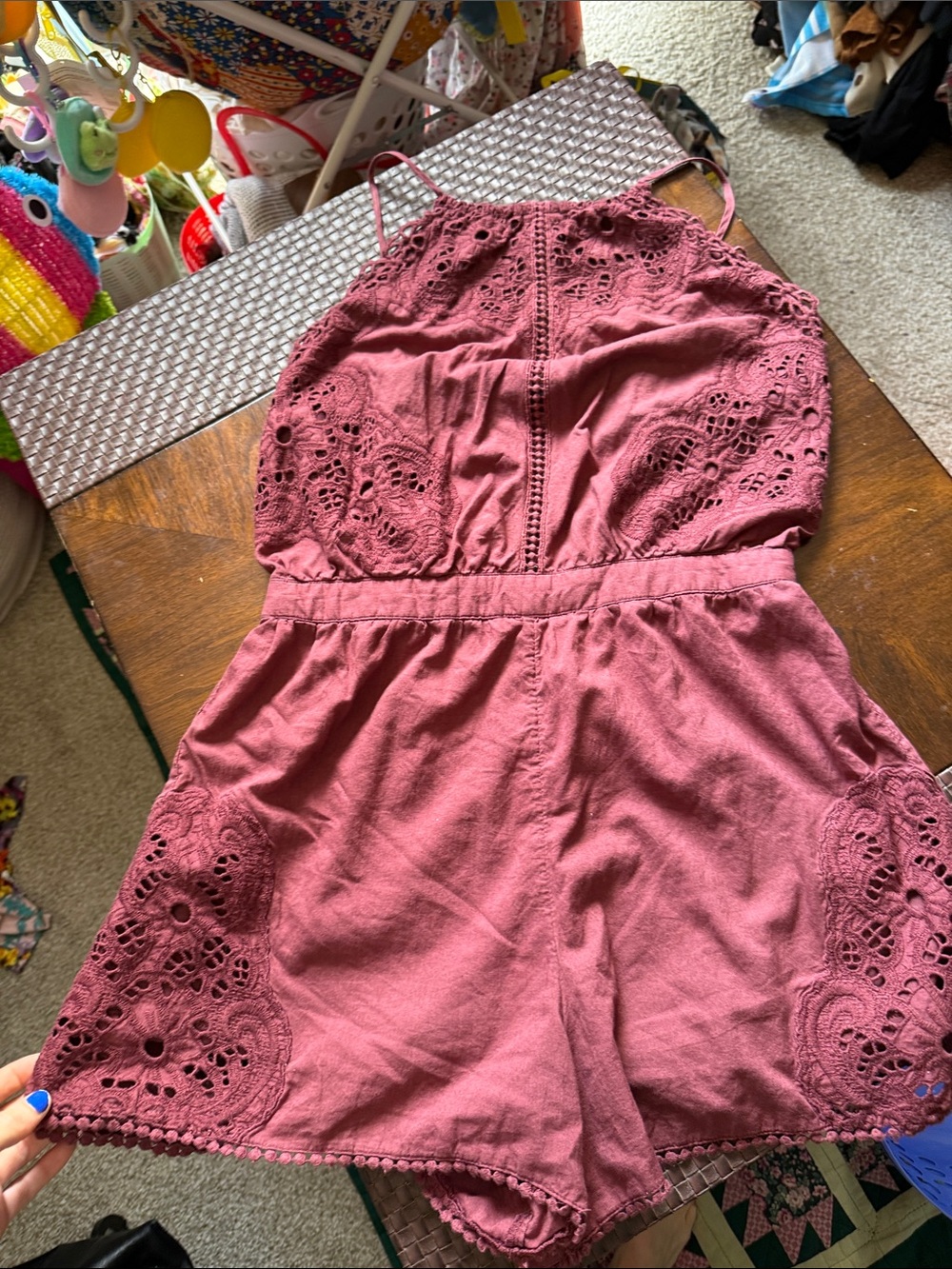 American Eagle Outfitters Mauve Lace-Trim Romper